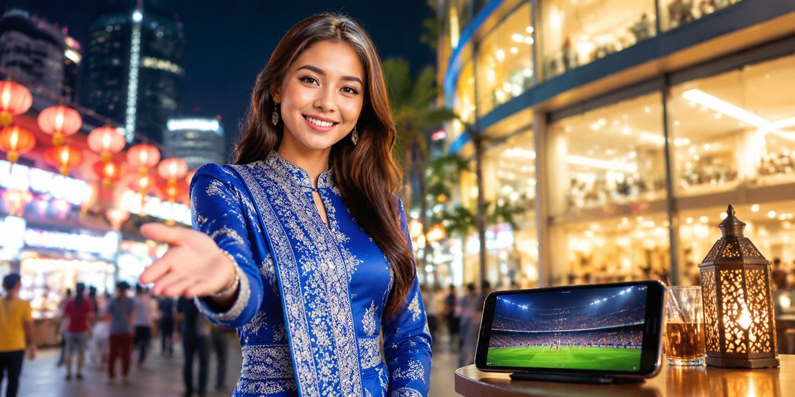 Wanita berbaju kurung bermain kasino mudah alih 12b menggunakan telefon pintar di Kuala Lumpur